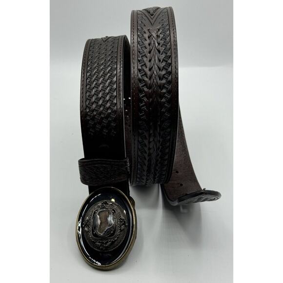 Allison Daniel Designs Brown Tooled Leather Belt Black Brown Geode Buckle Sz 36